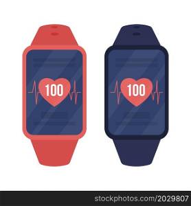 Smartwatch with fintess tracker semi flat color vector object set. Full realistic item on white. Monitoring heart rate isolated modern cartoon style illustration for graphic design and animation pack. Smartwatch with fintess tracker semi flat color vector object set
