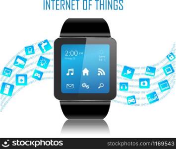 Smartwatch with Internet of things (IoT) icons connecting together. Internet networking concept. Application coming out from Smartwatch on white background. Internet of things.