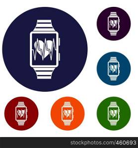 Smartwatch with sport app icons set in flat circle reb, blue and green color for web. Smartwatch with sport app icons set