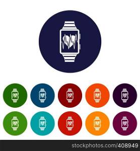 Smartwatch with sport app set icons in different colors isolated on white background. Smartwatch with sport app set icons