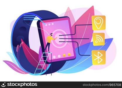 Smartwatch with Wi-Fi, bluetooth and GPS. Wireless connectivity, bluetooth and Wi-Fi technology , NFC and GPS technology concept on white background. Bright vibrant violet vector isolated illustration. Wireless connectivity concept vector illustration.