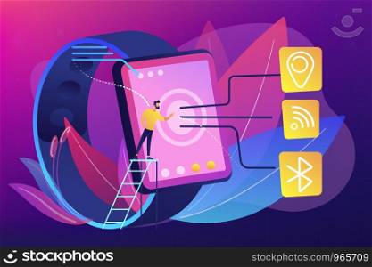 Smartwatch with Wi-Fi, bluetooth and GPS. Wireless connectivity, bluetooth and Wi-Fi technology , NFC and GPS concept on ultraviolet background. Bright vibrant violet vector isolated illustration. Wireless connectivity concept vector illustration.