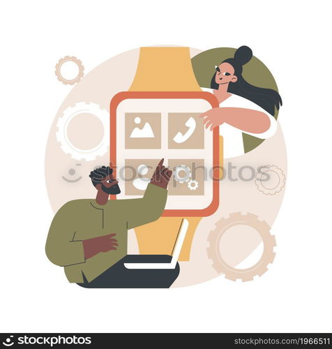 Smartwatches mobile apps development abstract concept vector illustration. Wearable devices software, application dev team, app technical requirement, cross-platform interaction abstract metaphor.. Smartwatches mobile apps development abstract concept vector illustration.