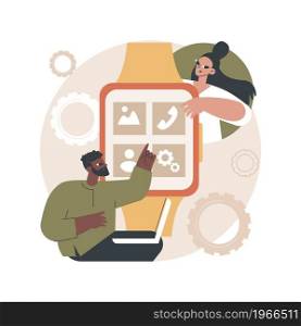 Smartwatches mobile apps development abstract concept vector illustration. Wearable devices software, application dev team, app technical requirement, cross-platform interaction abstract metaphor.. Smartwatches mobile apps development abstract concept vector illustration.