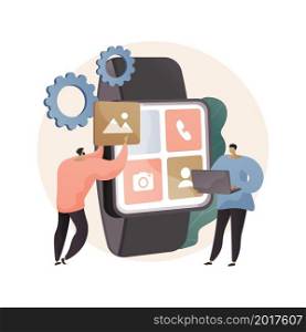 Smartwatches mobile apps development abstract concept vector illustration. Wearable devices software, application dev team, app technical requirement, cross-platform interaction abstract metaphor.. Smartwatches mobile apps development abstract concept vector illustration.
