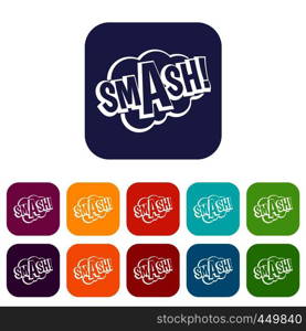 SMASH, comic book bubble text icons set vector illustration in flat style In colors red, blue, green and other. SMASH, comic book bubble text icons set flat