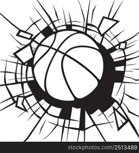 Smashing basketball ball black and white. Vector illustration.