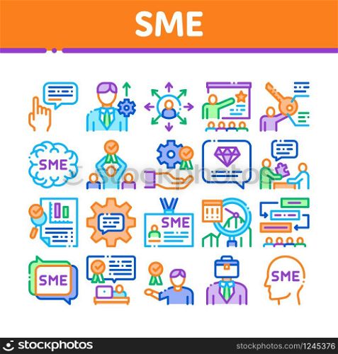 Sme Business Company Collection Icons Set Vector. Sme Small And Medium Enterprise, Communication And Education, Badge And Case Concept Linear Pictograms. Color Illustrations. Sme Business Company Collection Icons Set Vector