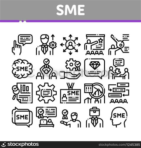 Sme Business Company Collection Icons Set Vector. Sme Small And Medium Enterprise, Communication And Education, Badge And Case Concept Linear Pictograms. Monochrome Contour Illustrations. Sme Business Company Collection Icons Set Vector