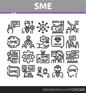 Sme Business Company Collection Icons Set Vector. Sme Small And Medium Enterprise, Communication And Education, Badge And Case Concept Linear Pictograms. Monochrome Contour Illustrations. Sme Business Company Collection Icons Set Vector