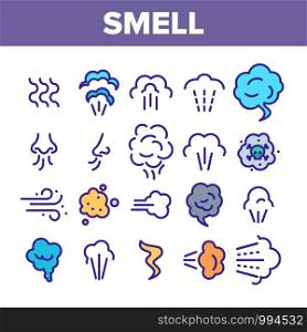 Smell Cloud Collection Elements Icons Set Vector Thin Line. Smell Of Cooking Food Vapour Smoke, Gas Steam And Human Smelling Concept Linear Pictograms. Monochrome Contour Illustrations. Smell Cloud Collection Elements Icons Set Vector