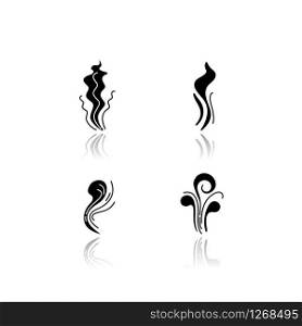 Smell drop shadow black glyph icons set. Good and bad scent. Fluid odor, perfume scent. Stinky stench. Aromatic fragrance curves. Smoke stream, fume swirl. Isolated vector illustrations on white space