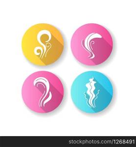 Smell flat design long shadow glyph icons set. Good and bad scent. Fluid odor, perfume scent. Stinky stench. Aromatic fragrance curves. Smoke stream, fume swirls. Silhouette RGB color illustration