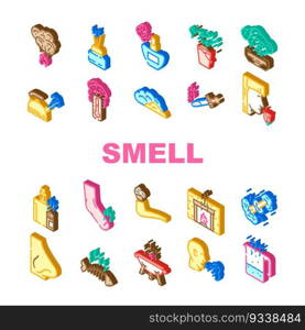 smell nose aroma odor icons set vector. sense gas, air line, smoke cloud, fragrance fresh, bad loss, anosmia fart, woman smell nose aroma odor glyph pictogram Illustrations. smell nose aroma odor icons set vector