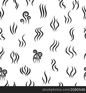 Smell seamless pattern. Steam icons. Lines of heat, smoke, warm and aroma. Vapour seamless pattern. Black logos on white background. Vector.