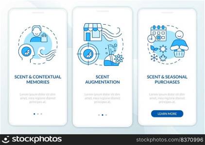 Smell sensory marketing in retail blue onboarding mobile app screen. Walkthrough 3 steps editable graphic instructions with linear concepts. UI, UX, GUI template. Myriad Pro-Bold, Regular fonts used. Smell sensory marketing in retail blue onboarding mobile app screen
