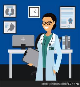 Smile caucasian female doctor in his office. cartoon flat vector illustration. Smile caucasian female doctor in his office
