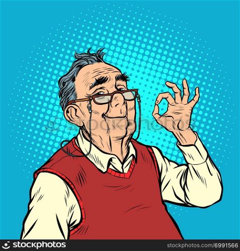 smile elderly man with glasses okay gesture. Pop art retro vector illustration vintage kitsch. smile elderly man with glasses okay gesture