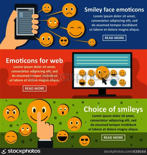 Smile emotions banner horizontal concept set. Flat illustration of 3 smile emotions vector banner horizontal concepts for web. Smile emotions banner horizontal set, flat style