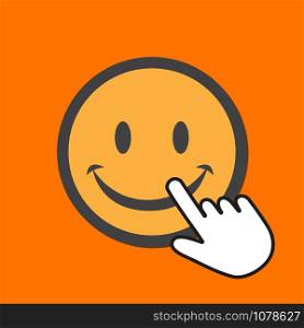 Smile face icon. Happiness concept. Hand Mouse Cursor Clicks the Button. Pointer Push Press