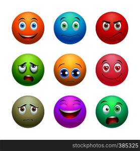 Smile set, colored balls with emotions on white background. Smile set, balls