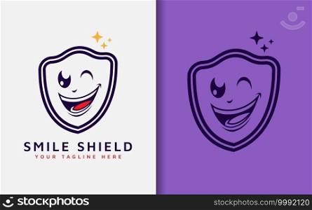Smile Shield Logo Design. Abstract Minimalist Shield Emblem Combined with Smiling Face Concept Design. Vector Illustration.
