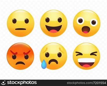 Smile sticker set, including such expressions as indifference or calm, laugh, surprise, angriness, cry, happiness. Premium vector illustration.
