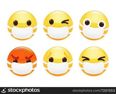 Smile sticker set with medical mask, depicting a covid-19 situation. Premium vector illustration.