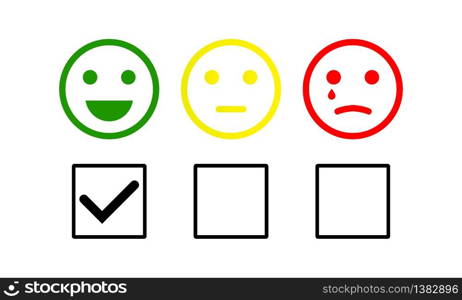 Smiley checklist or smiley emoticons icon positive, neutral and negative. Customer service quality feedback Isolated on white background. Vector EPS 10. Smiley checklist or smiley emoticons icon positive, neutral and negative. Customer service quality feedback Isolated on white background. Vector EPS 10.