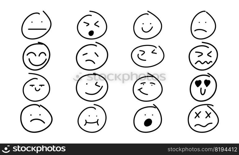 Smiley handdrawn face doodle icon and freehand smile. Emoticon sign sketch and symbol expression vector illustration. Cartoon people emotion set and drawn mood character. Cute caricature head drawing