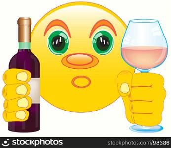 Smiley with wine and goblet in hand on white background. Smiley with bottle blame and goblet