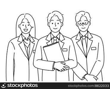 Smiling administration staff in uniform standing together showing unity and leadership. Happy receptionists meet welcome new client. Hotel personnel. Vector illustration. . Smiling administration personnel standing together 