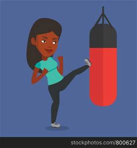 Smiling african-american boxer exercising with boxing bag. Female boxer hitting heavy bag during training. Female boxer training with the punch bag. Vector flat design illustration. Square layout.. Woman exercising with punching bag.