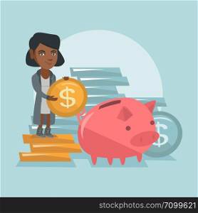 Smiling african-american business manager putting a coin in a big piggy bank. Young business manager saving money in a piggy bank. Concept of saving money. Vector cartoon illustration. Square layout.. African manager putting a coin in a piggy bank.