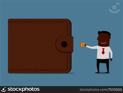 Smiling african american businessman brings dollar coin into the wallet. For finance or investment design, flat style. Businessman brings money to the wallet