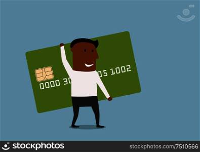 Smiling african american businessman going for shopping with large credit card in hands. Cartoon flat style. Businessman going with credit card in hands