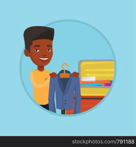 Smiling african-american businessman putting a suit into a suitcase. Young businessman packing his clothes in an opened suitcase. Vector flat design illustration in the circle isolated on background.. Young man packing his suitcase vector illustration