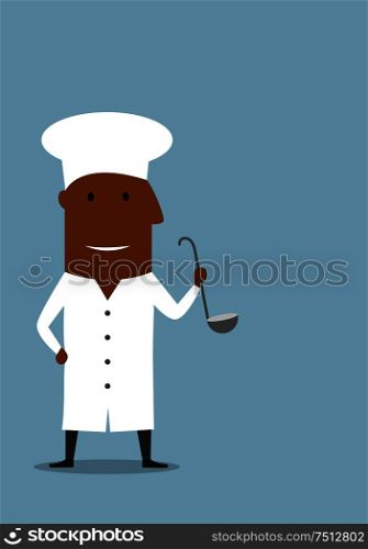 Smiling african american chef or cook in white uniform coat and toque hat, standing with ladle in hand. Cartoon flat style