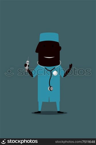 Smiling african american doctor in blue medical scrubs with stethoscope and syringe in hand. For hospital staff or medicine themes design, cartoon flat style. Happy doctor with stethoscope and syringe