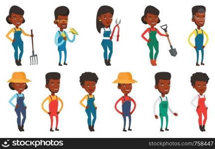 Smiling african-american farmer collecting corn. Farmer in summer hat standing with hands in pockets. Farmer working with a pruner. Set of vector flat design illustrations isolated on white background. Set of agricultural illustrations with farmers.