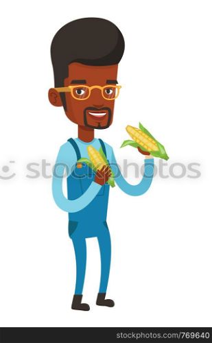 Smiling african-american farmer collecting corn. Happy farmer holding a corn cob. Cheerful farmer standing with a corn cob in hands. Vector flat design illustration isolated on white background.. Farmer collecting corn vector illustration.
