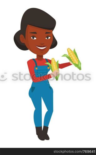 Smiling african-american farmer collecting corn. Happy female farmer holding a corn cob. Cheerful farmer standing with a corn cob in hands. Vector flat design illustration isolated on white background. Farmer collecting corn vector illustration.