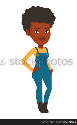 Smiling african-american farmer. Happy farmer standing with hands in pockets. Illustration of full lenght of young satisfied farmer. Vector flat design illustration isolated on white background.. Smiling african-american farmer.