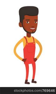 Smiling african-american farmer. Happy farmer standing with hands in pockets. Illustration of full lenght of young satisfied farmer. Vector flat design illustration isolated on white background.. Smiling african-american farmer.