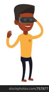 Smiling african-american gamer wearing virtual reality headset. Young happy man using virtual reality glasses and playing videogame. Vector flat design illustration isolated on white background.. Man wearing virtual reality headset in the park.