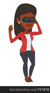 Smiling african-american gamer wearing virtual reality headset. Young happy woman using virtual reality glasses and playing videogame. Vector flat design illustration isolated on white background.. Woman wearing virtual reality headset in the park.