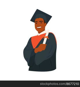 Smiling african american guy in graduation costume showing his diploma. Man graduate in mantle and academic square cap. Graduation ceremony. Hand drawn flat vector illustration of character