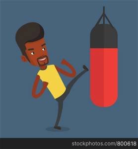 Smiling african-american male boxer exercising with boxing bag. Male boxer hitting heavy bag during training. Male boxer training with the punch bag. Vector flat design illustration. Square layout.. Man exercising with punching bag.
