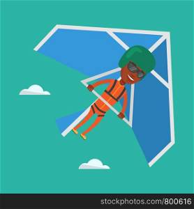 Smiling african-american man flying on hang-glider. Sportsman taking part in hang gliding competitions. Man having fun while gliding on delta-plane. Vector flat design illustration. Square layout.. Man flying on hang-glider vector illustration.