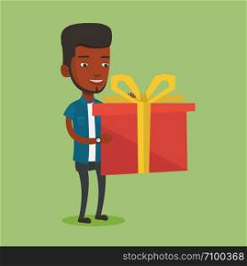 Smiling african-american man holding a box with gifts in hands. Happy man holding gift box. Young man standing with gift box. Guy buying a present. Vector flat design illustration. Square layout.. Joyful african-american man holding box with gift.